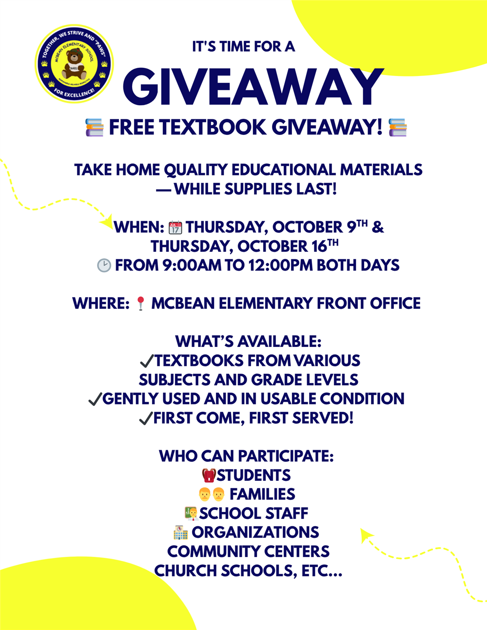 Free Textbook Giveaway October 9th and 16th from 9-12 at McBean